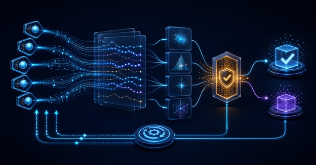 Repeated AI agent trials flowing through evaluation and safety gates