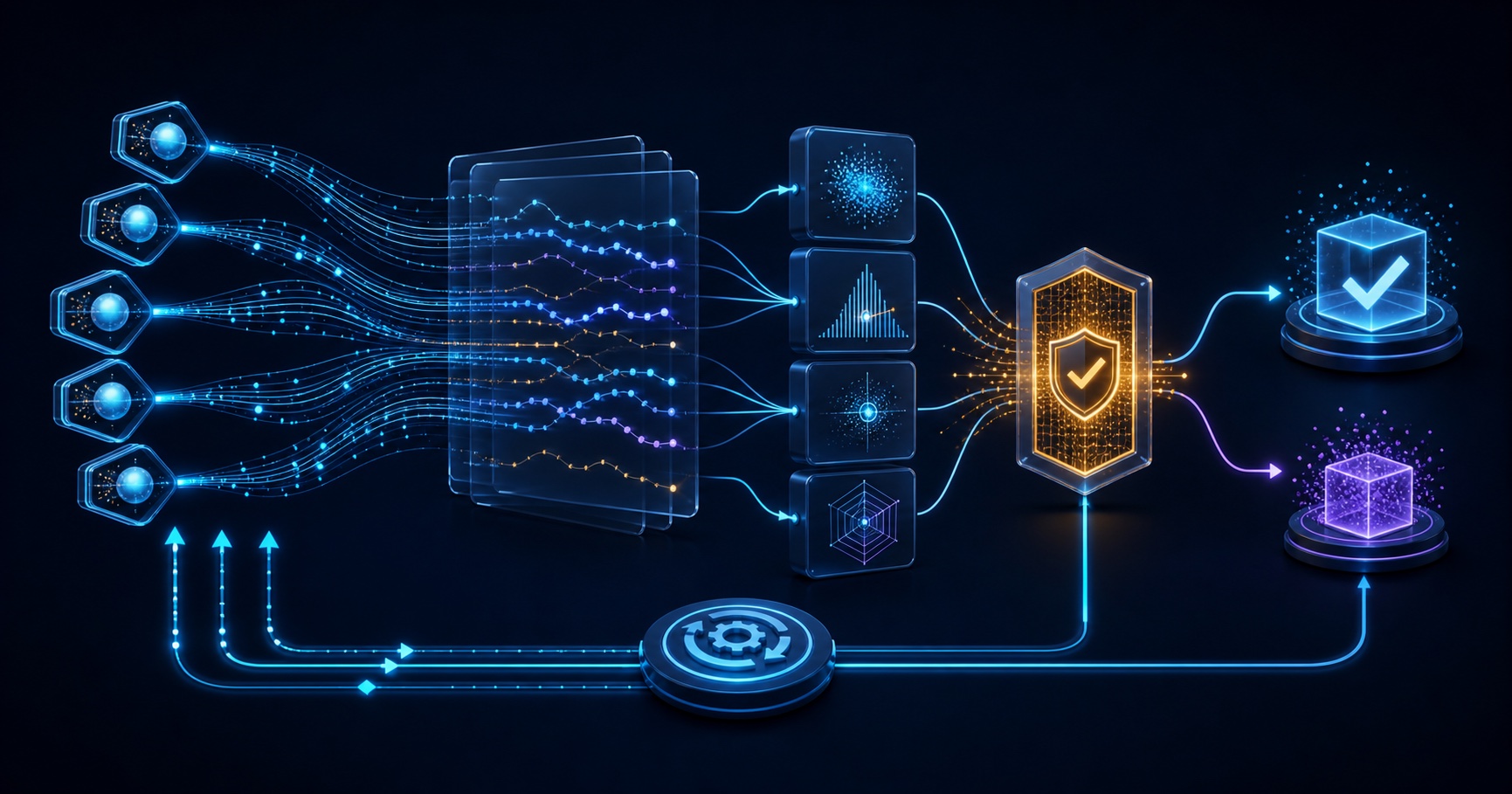 Repeated AI agent trials flowing through evaluation and safety gates